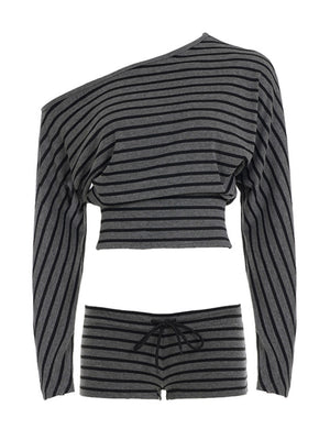 Striped Color Blocking Off-shoulder Long-sleeved T-shirt Slim-fit Shorts 2-piece Sets