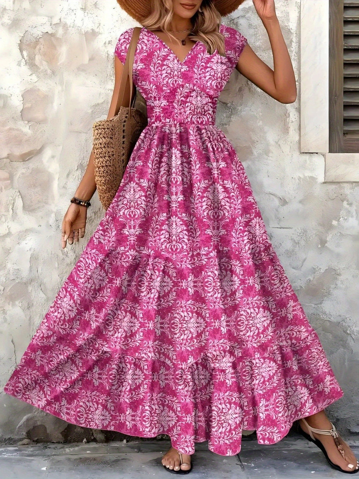 Floral Print V-neck Short Sleeve Large Skirt Maxi Dresses