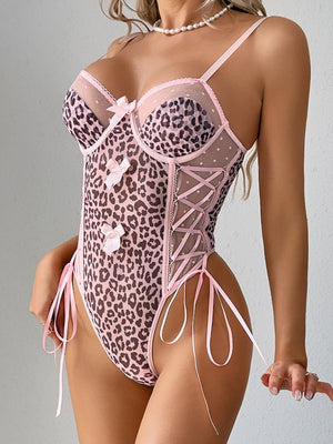 Leopard Polka Dot Perspective Bow Backless Halter Top Bodysuits