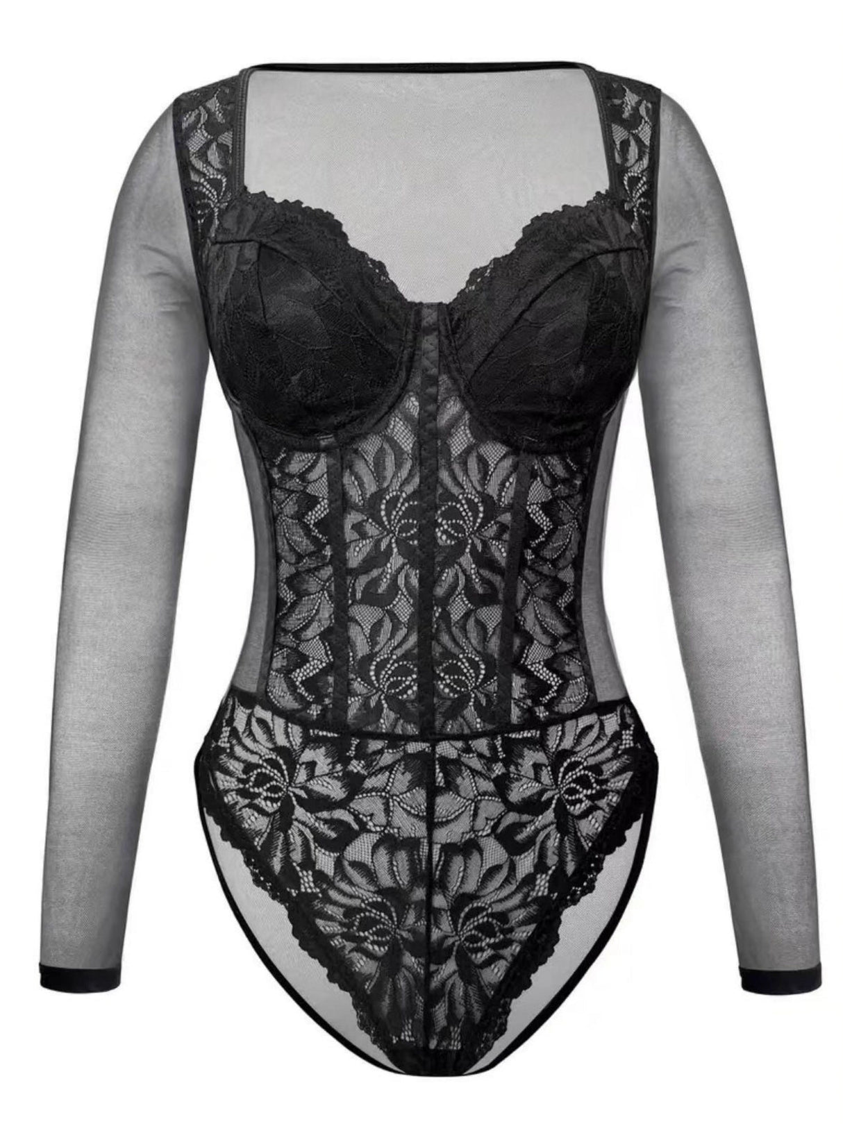 Body à manches longues en dentelle ajourée transparente et décolleté plongeant