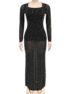 Strassbesetzte, lange Ärmel, eckiger Kragen, glänzende Party-Maxikleider