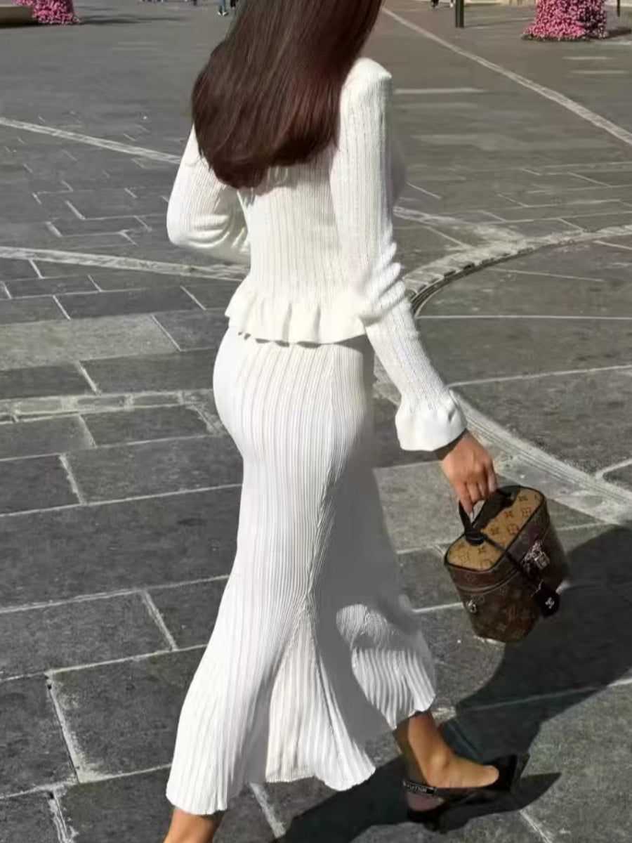 Waist Flared Sleeves Knitted Top Fishtail Skirt Workplace 2-piece Sets