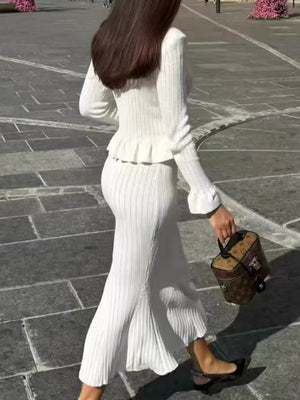 Waist Flared Sleeves Knitted Top Fishtail Skirt Workplace 2-piece Sets