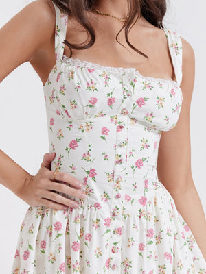 Floral Lace Trim Square Neck Suspenders Sweet Ribbon Maxi Dresses