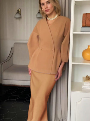 Solid Color Buttons Puff Sleeve Blazers Skirts 2-piece Sets