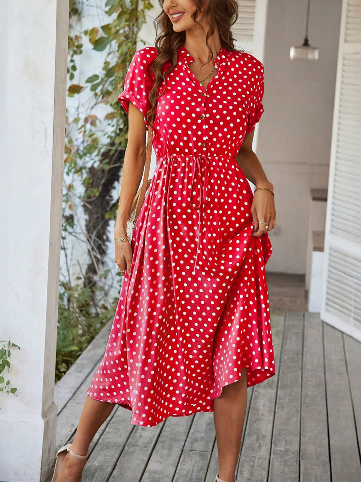 Polka Dots Polo Collar Waist Tie Short Sleeves Maxi Dresses