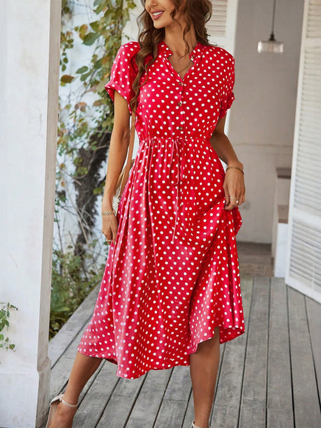 Polka Dots Polo Collar Waist Tie Short Sleeves Maxi Dresses
