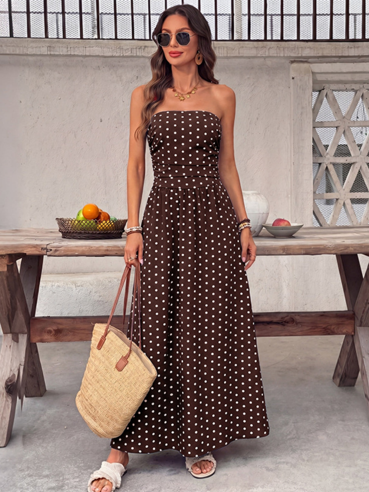Polka Dots Tucking And Waist-cinching Strapless Maxi Dresses