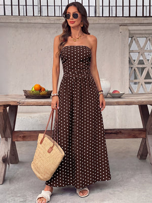 Polka Dots Tucking And Waist-cinching Strapless Maxi Dresses