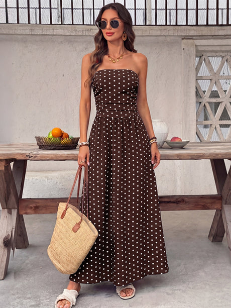 Polka Dots Tucking And Waist-cinching Strapless Maxi Dresses