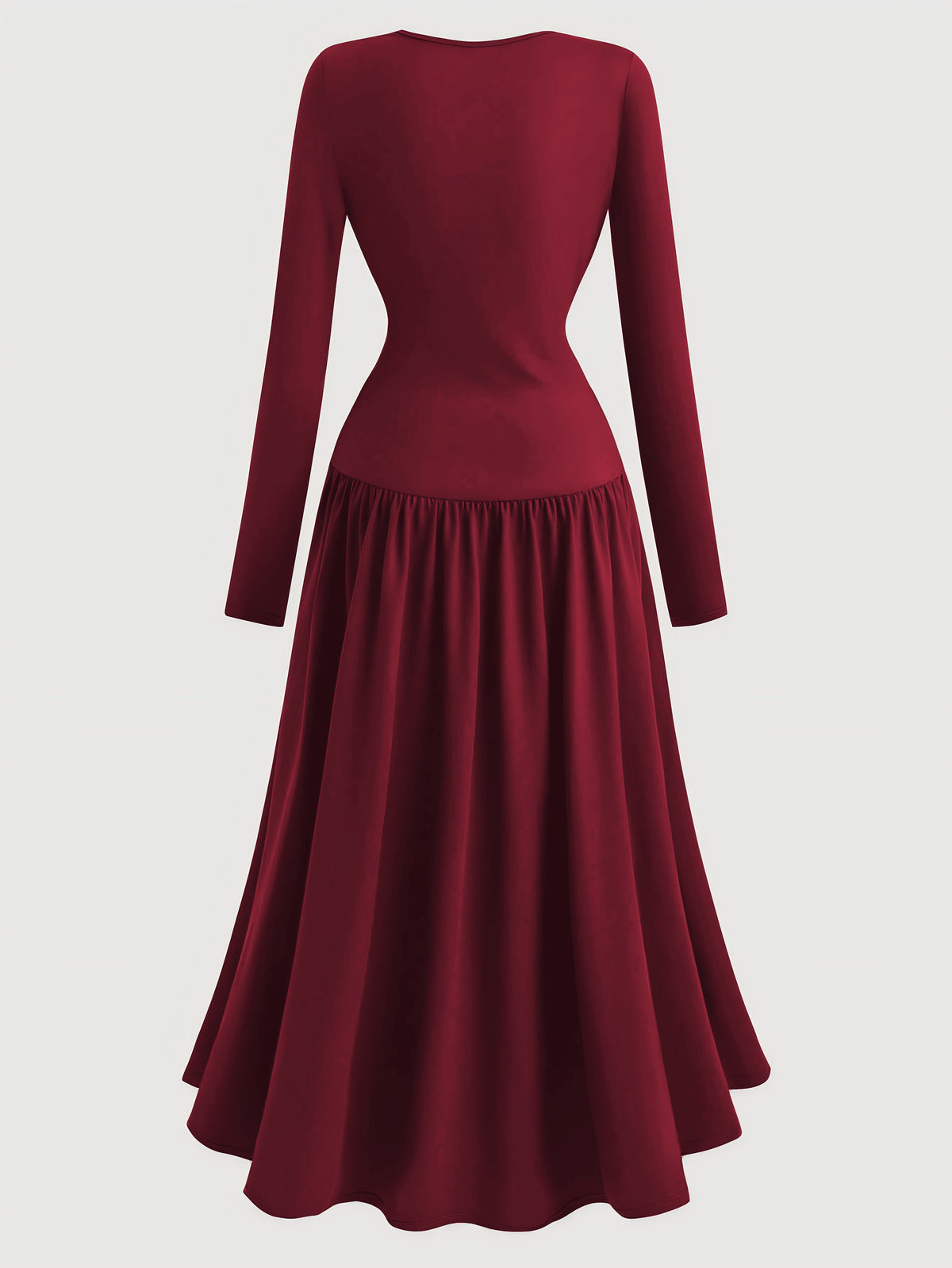 Burgundy Long-sleeved Round Neck Pleated Maxi Dress