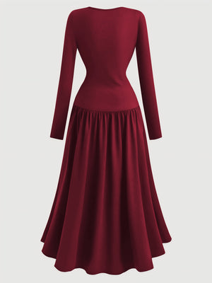 Burgundy Long-sleeved Round Neck Pleated Maxi Dress