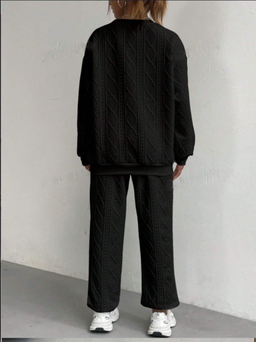 Loose-fitting Ribbed Jacquard Long-sleeved Sweatshirt Pants Casual Two-piece Set