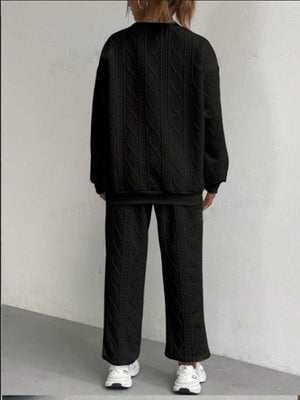 Loose-fitting Ribbed Jacquard Long-sleeved Sweatshirt Pants Casual Two-piece Set