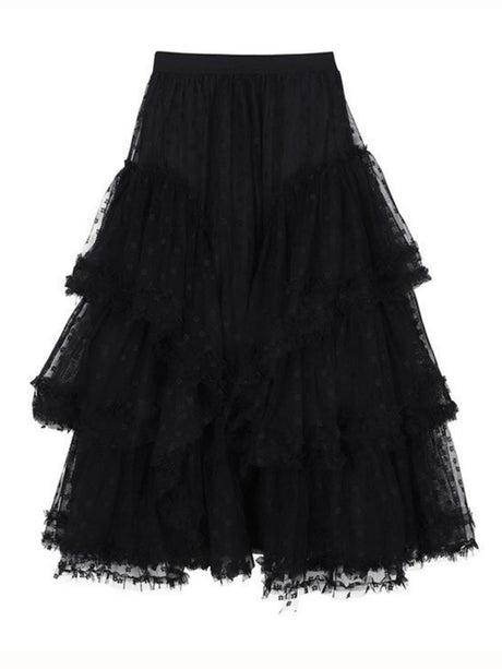 Floral Mesh Wood Ear Edge Splicing Sweet Cake Skirt
