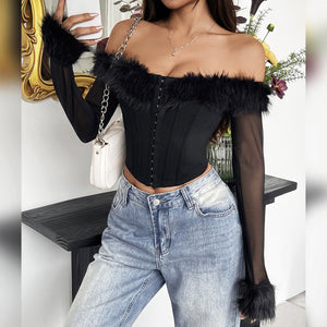 Design Sexy Off-shoulder Fur Collar Decoration Button-down Style Fish Bones Waist Long Sleeve Sheer Tops