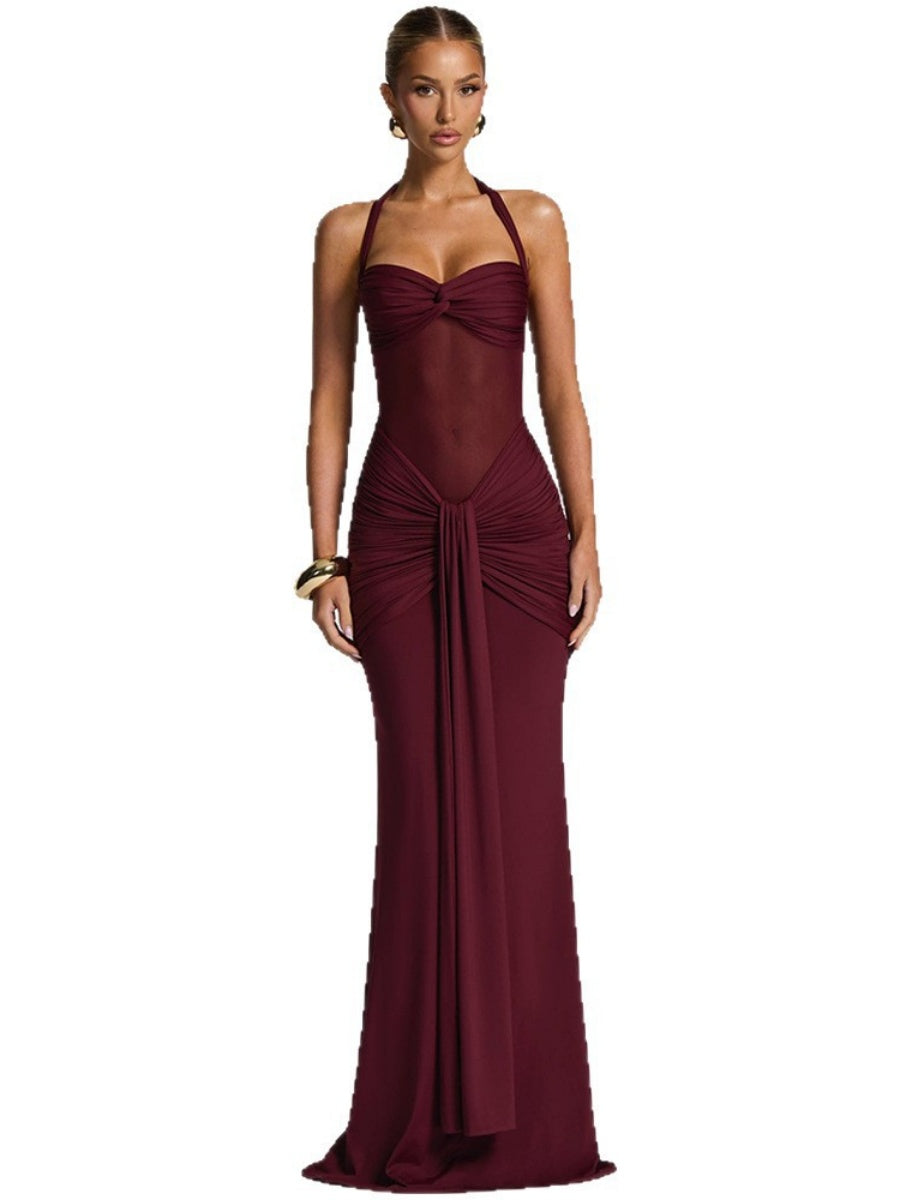 Neckband Lace Up Mesh Formal Dress Maxi Dresses