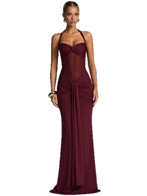 Neckband Lace Up Mesh Formal Dress Maxi Dresses