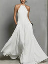 Halter Solid Color Backless Sleeveless Long Vacation Style Dress