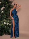 One-shoulder Satin Style Sexy Slit Dinner Party Long Dress