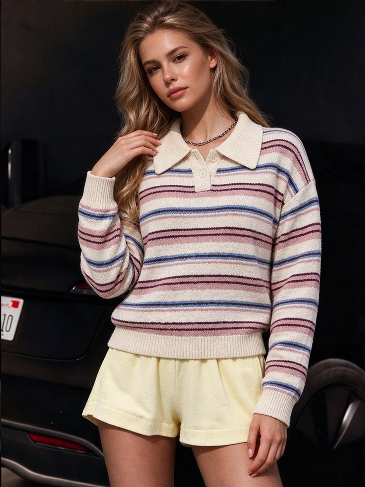 Striped Polo Neck Knit Sweater