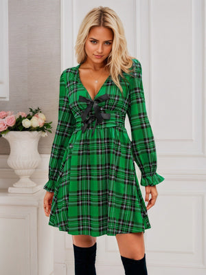 V-neck Tie-up Plaid Christmas Red Green Long Sleeve Bow Holiday Party Short Dress