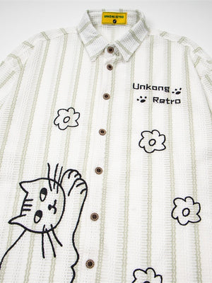 Cartoon Kitten Embroidery Vertical Stripe Loose-fit Vibe Breathable Shirts