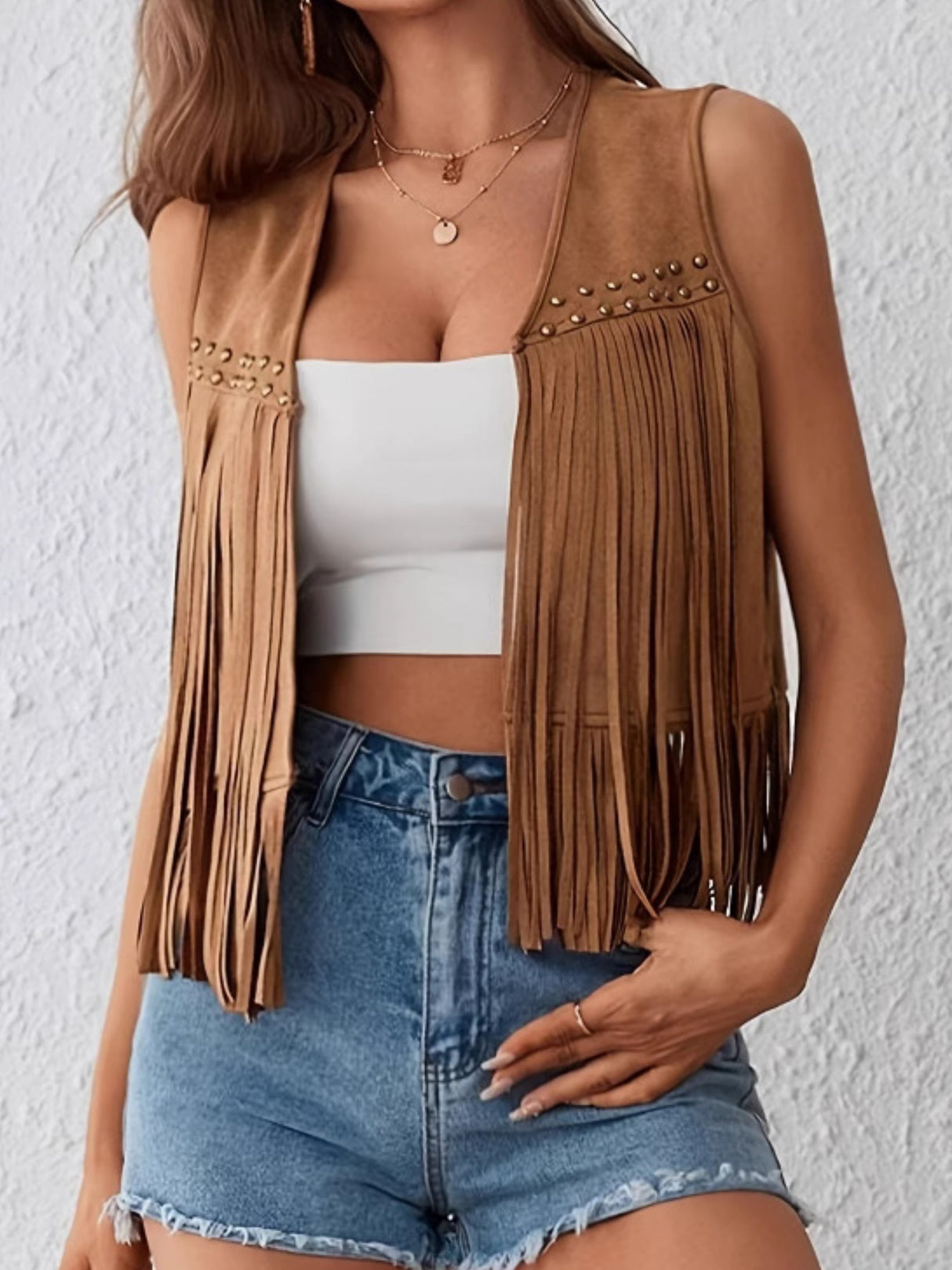 Imitation Suede Tassel Studs Sleeveless Vests