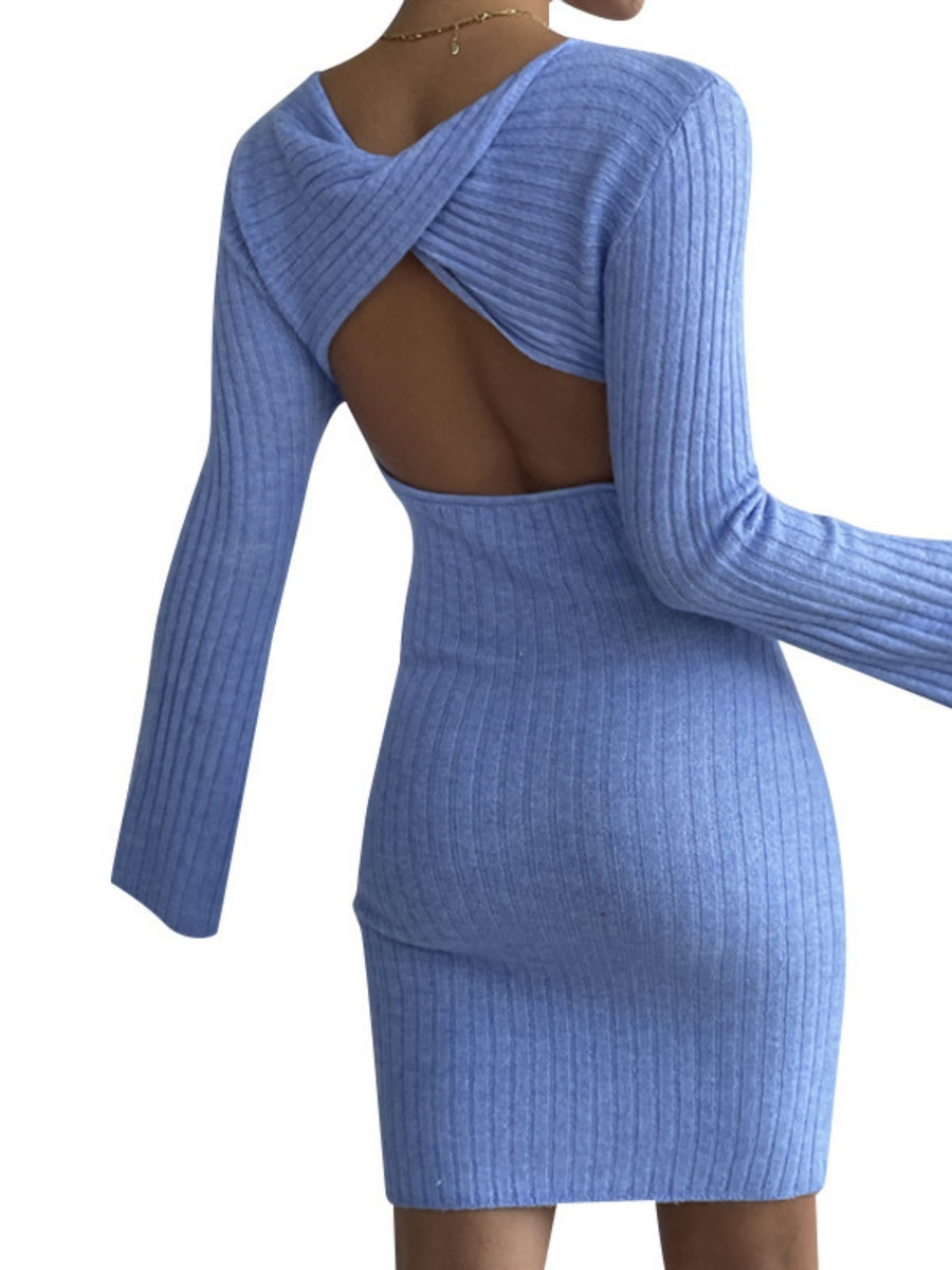Liber Autumn women's backless knitted long-sleeved pullover short dress