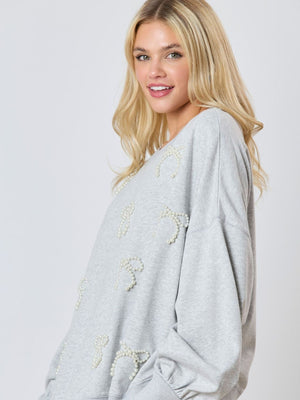 Christmas Pearl Bow Long Sleeve Top Casual Sweatshirt