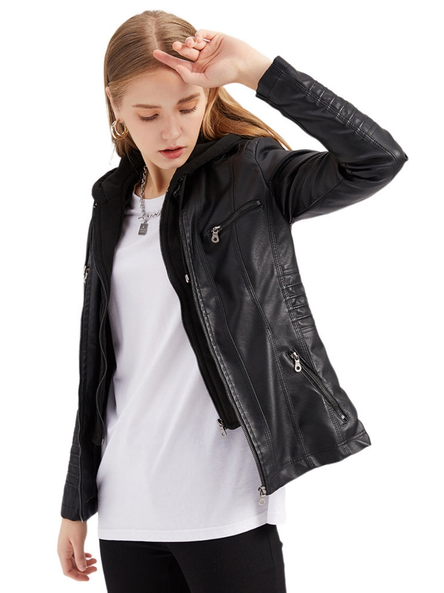 Hooded Removable 2-piece Sets Leather Jacket