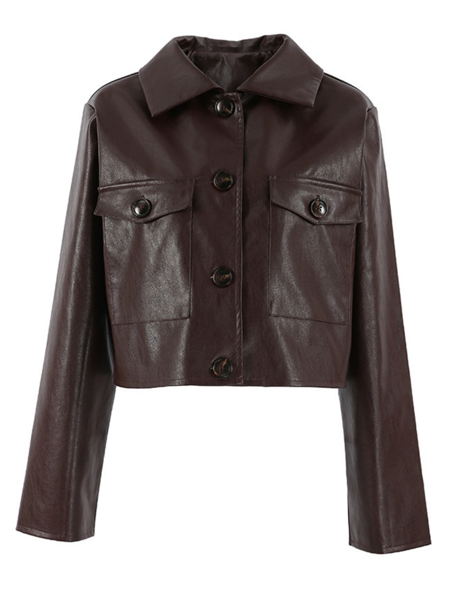 Short Pockets Pu Leather Jacket