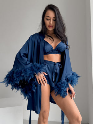 Satin Feather Three-piece Set Of Underwear, Shorts, And Bathrobe Sleepwear