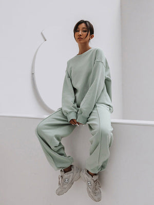 Liber Women's autumn round neck solid color pullover Long sleeve two piece sweatshirt