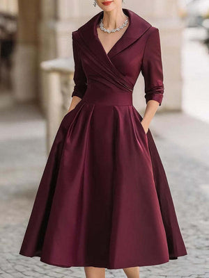 Long Sleeve Wrap-up Big Swing Solid Color Midi Dresses