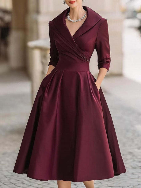 Long Sleeve Wrap-up Big Swing Solid Color Midi Dresses