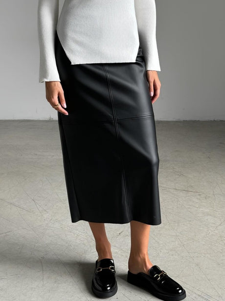PU Leather High-waisted Back Slit Longline Skirts