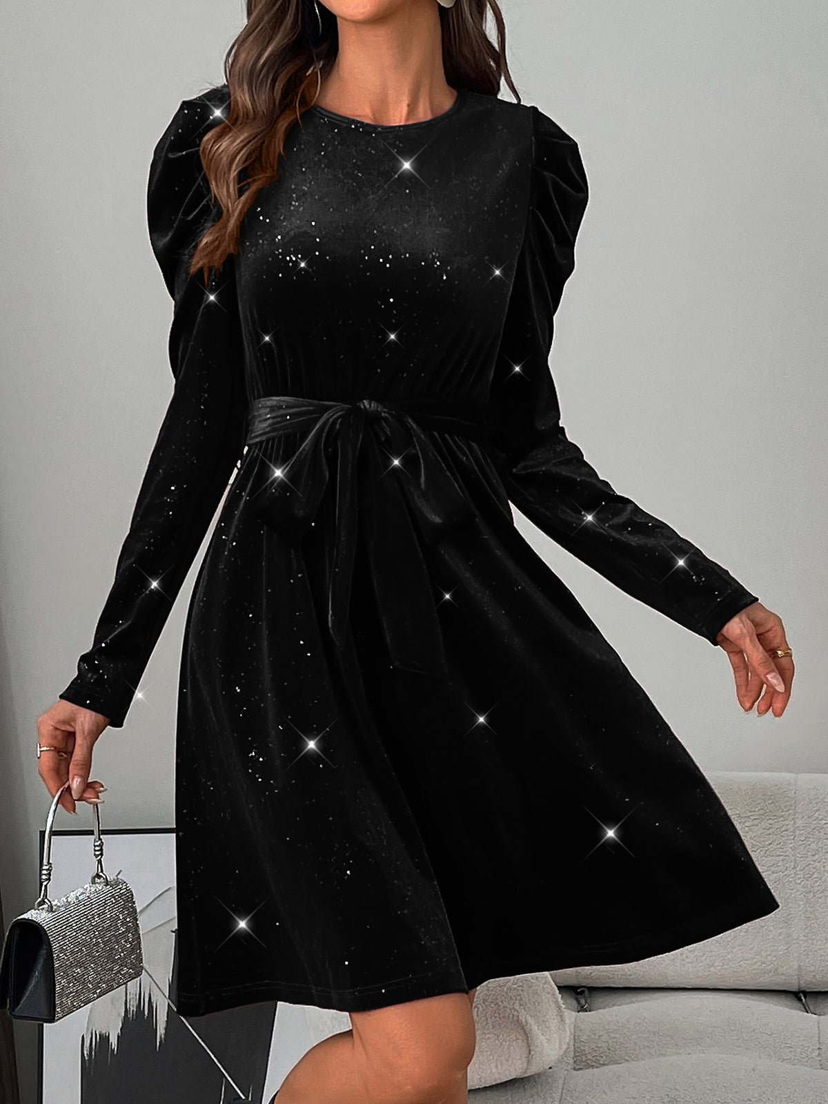 Black Glittery Round Neck Long-sleeved Velvet Mini Dress