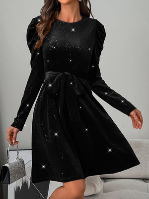 Black Glittery Round Neck Long-sleeved Velvet Mini Dress