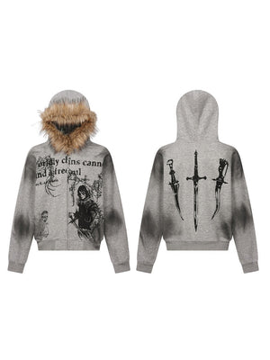 Halloween Hip Hop Fur Collar Hooded Loose Coat