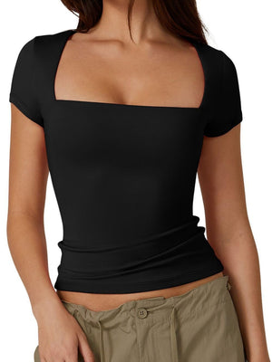 Square Collar Short Sleeves Slim-fit T-shirts