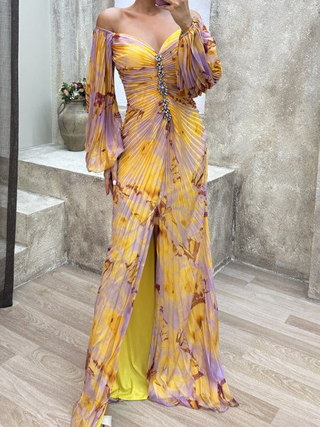 Crimp Long Sleeve Floral Printed Reunion Maxi Dresses