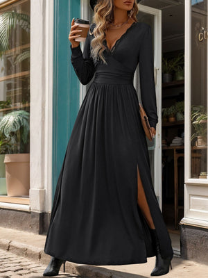 V-neck Lace Splicing Long Sleeve Slit Temperament Commuting Dinner Maxi Dresses