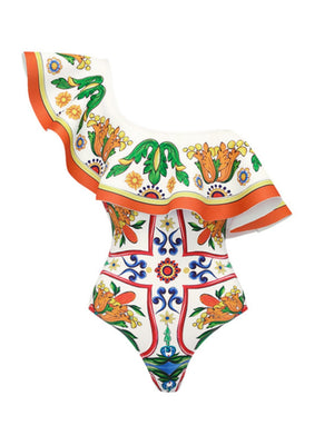 One-shoulder Ruffled Printed Swimsuit And Sun-protective Long Dress Two-piece Set