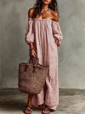 Striped Off-the-shoulder Linen Resort-style Long-sleeved Dress