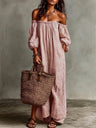 Striped Off-the-shoulder Linen Resort-style Long-sleeved Dress