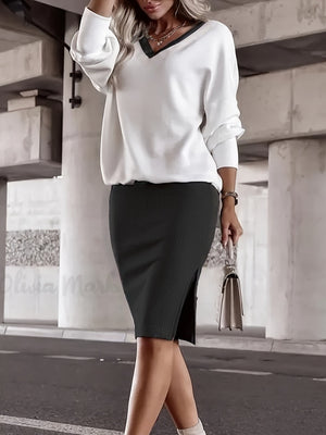 Loose-fit V-neck Sweatshirts&Hoodies Hip-hugging Slit Skirt Set 2-piece Sets