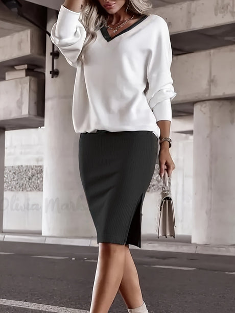 Loose-fit V-neck Sweatshirts&Hoodies Hip-hugging Slit Skirt Set 2-piece Sets