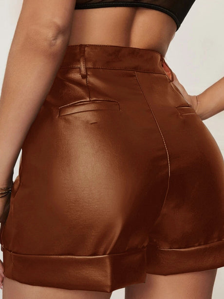 PU Leather High Curls And Pleats At The Hem Sexy Shorts