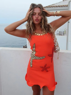 Starfish-themed Knitted Sleeveless Sexy Ruffled Vest Short Dress